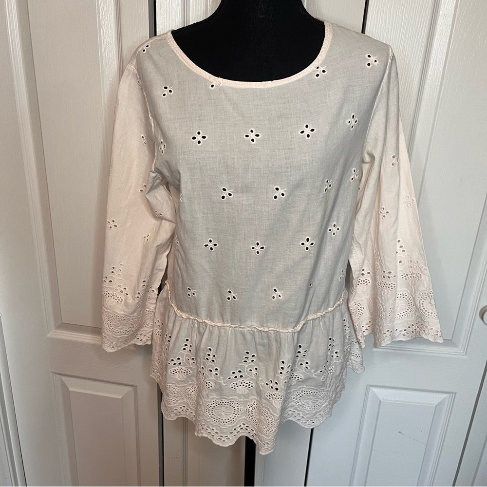 Valentina Naldi Italy Ivory Blush Eyelet Blouse Sz S Peplum Top Cottagecore Boho - Picture 4 of 9